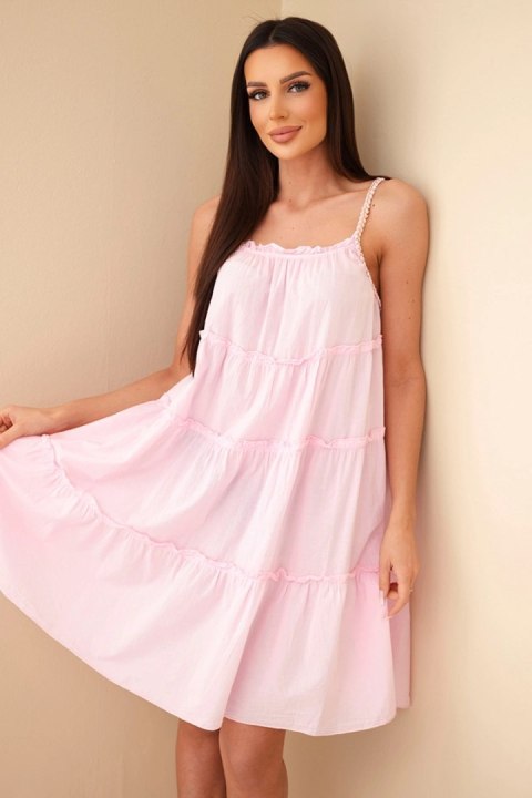 Sukienka damska bawełniana na ramiączkach z falbanami cukierkowy róż