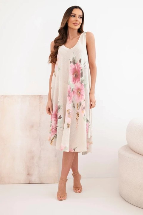 Sukienka damska bawełniana oversize z dekoltem V i kwiatowym nadrukiem beżowa