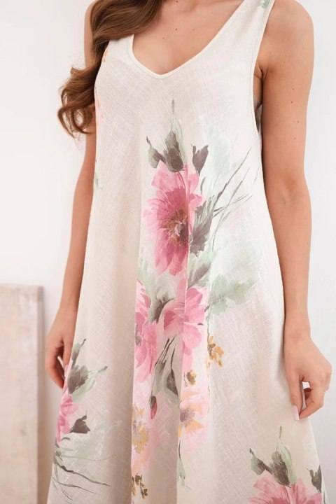 Sukienka damska bawełniana oversize z dekoltem V i kwiatowym nadrukiem beżowa