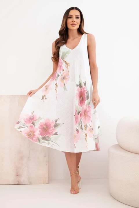 Sukienka damska bawełniana oversize z dekoltem V i kwiatowym nadrukiem biała