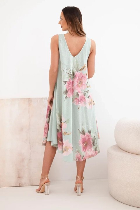 Sukienka damska bawełniana oversize z dekoltem V i kwiatowym nadrukiem ciemno miętowa