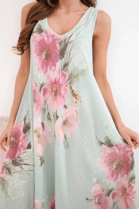 Sukienka damska bawełniana oversize z dekoltem V i kwiatowym nadrukiem ciemno miętowa