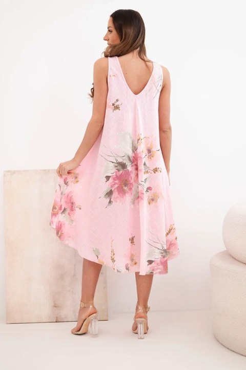 Sukienka damska bawełniana oversize z dekoltem V i kwiatowym nadrukiem jasno różowa