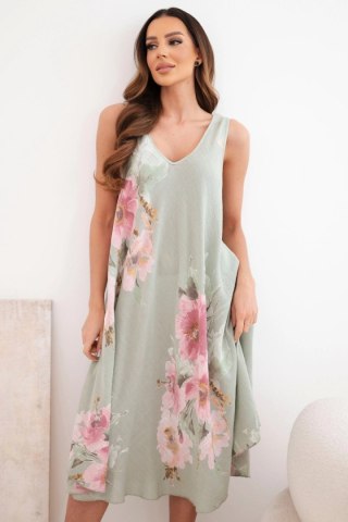 Sukienka damska bawełniana oversize z dekoltem V i kwiatowym nadrukiem khaki