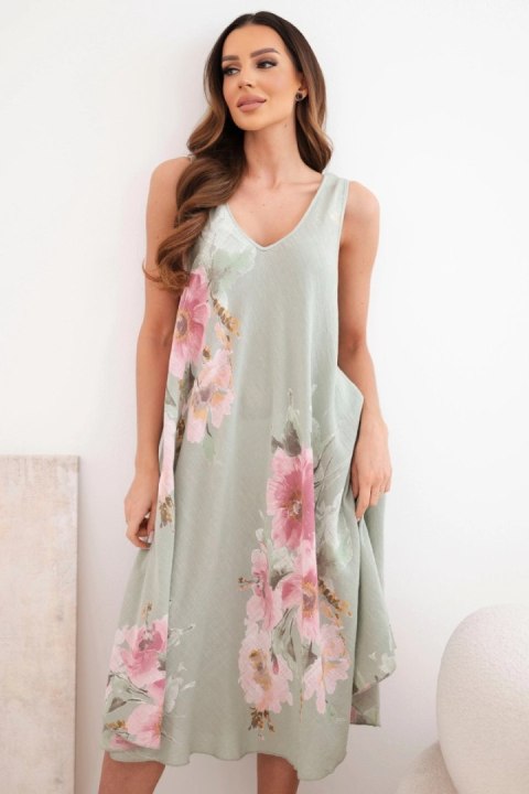 Sukienka damska bawełniana oversize z dekoltem V i kwiatowym nadrukiem khaki