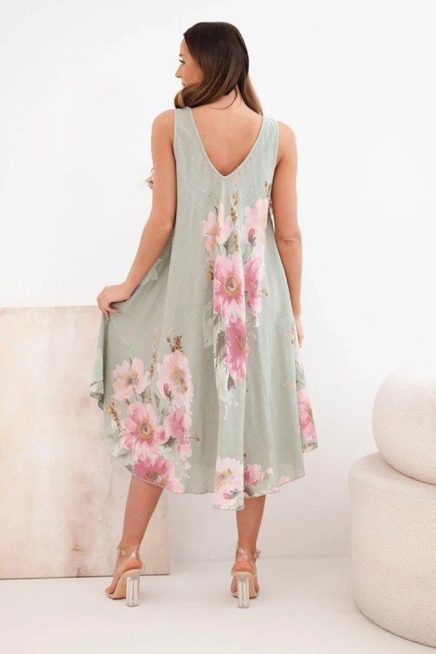 Sukienka damska bawełniana oversize z dekoltem V i kwiatowym nadrukiem khaki