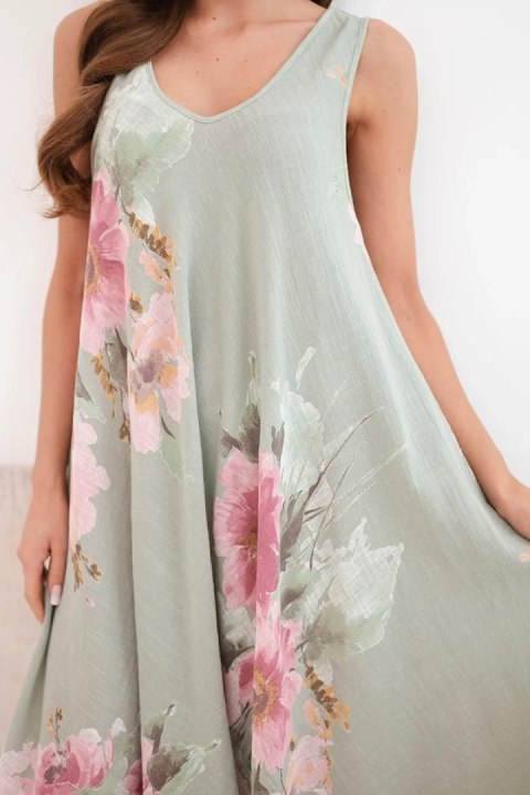 Sukienka damska bawełniana oversize z dekoltem V i kwiatowym nadrukiem khaki