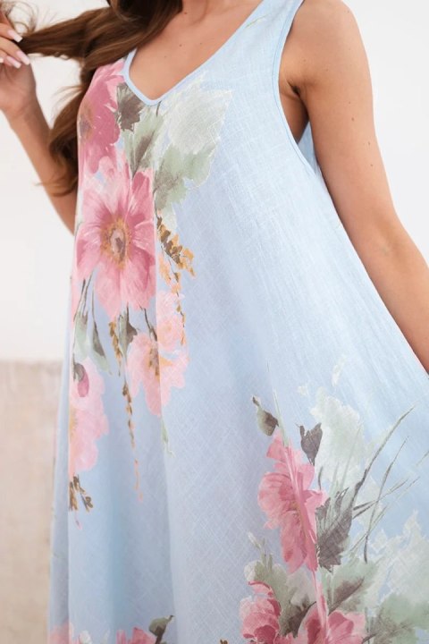 Sukienka damska bawełniana oversize z dekoltem V i kwiatowym nadrukiem niebieska