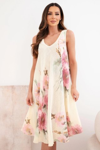 Sukienka damska bawełniana oversize z dekoltem V i kwiatowym nadrukiem żółta