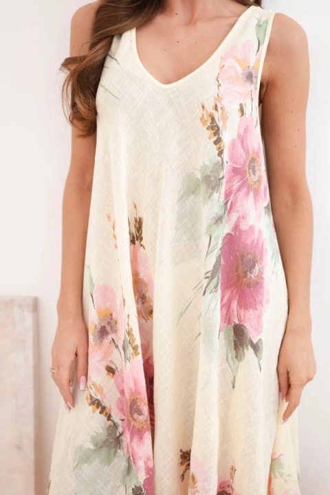 Sukienka damska bawełniana oversize z dekoltem V i kwiatowym nadrukiem żółta