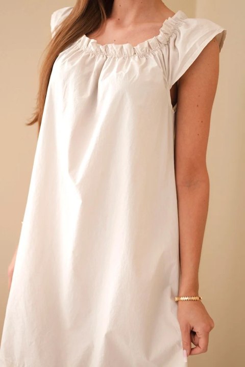 Sukienka damska bawełniana z marszczonym dekoltem i falbanką beżowa