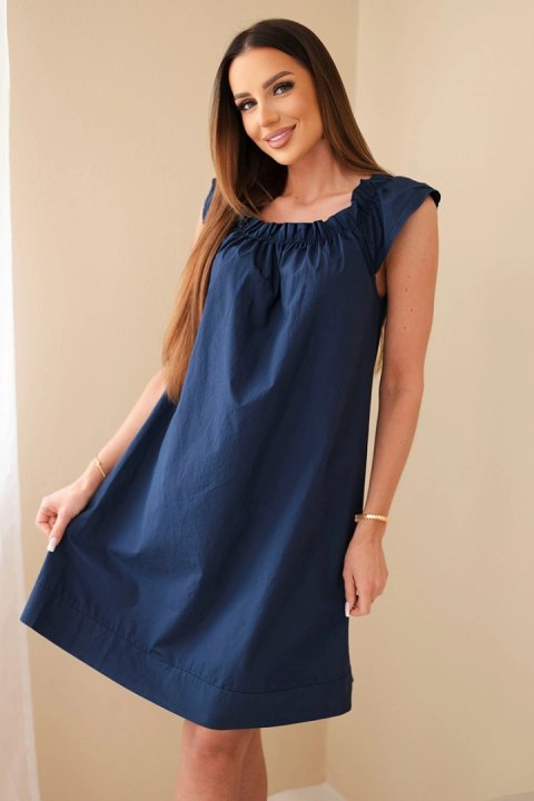 Sukienka damska bawełniana z marszczonym dekoltem i falbanką granatowa