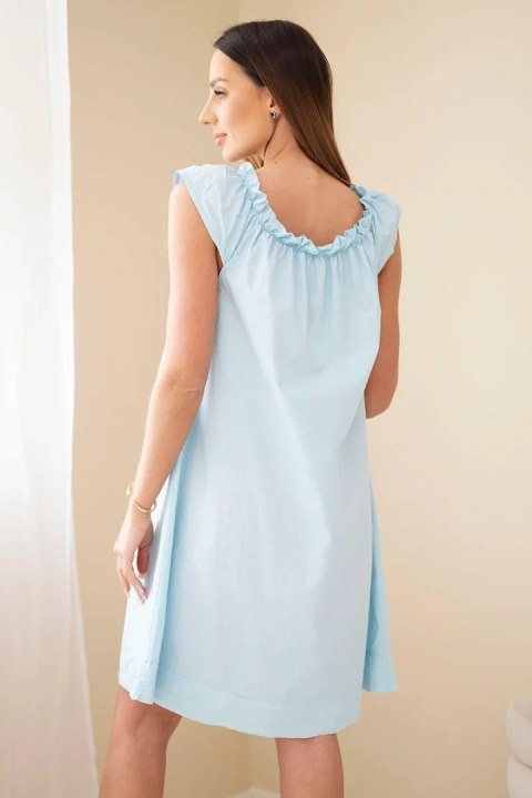 Sukienka damska bawełniana z marszczonym dekoltem i falbanką niebieska