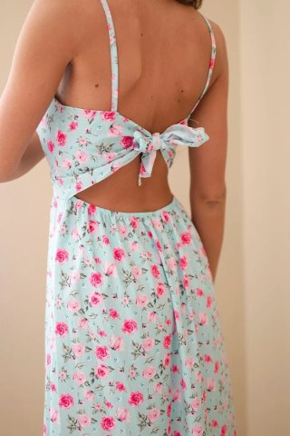 Sukienka damska maxi w kwiaty na ramiączkach z wiązaniem na plecach miętowa