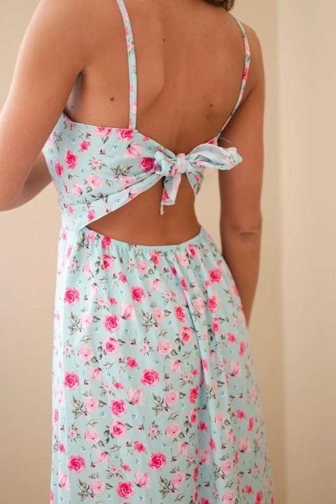 Sukienka damska maxi w kwiaty na ramiączkach z wiązaniem na plecach miętowa