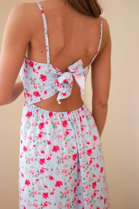 Sukienka damska maxi w kwiaty na ramiączkach z wiązaniem na plecach niebieska