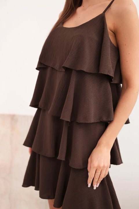 Sukienka damska na ramiączkach z falbanami mini brązowa