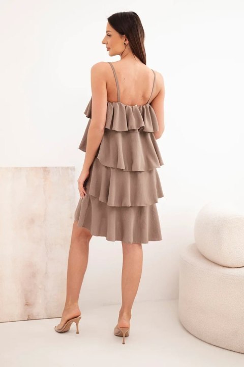 Sukienka damska na ramiączkach z falbanami mini fango