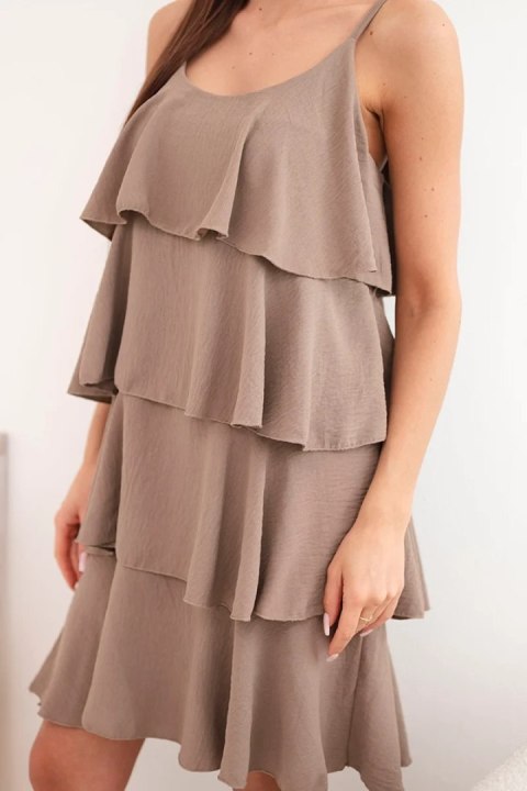 Sukienka damska na ramiączkach z falbanami mini fango