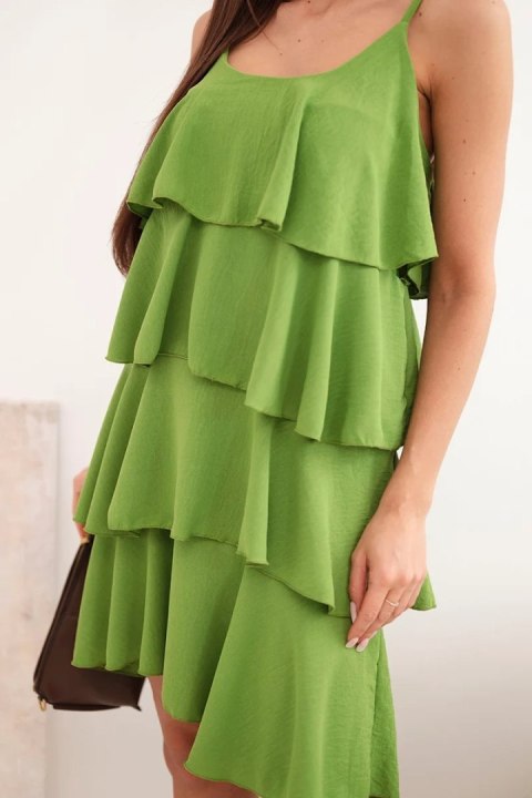 Sukienka damska na ramiączkach z falbanami mini oliwkowa