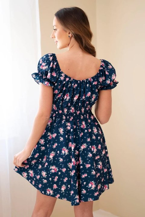 Sukienka damska w kwiaty z bufiastym rękawem i elastyczną talią granatowa