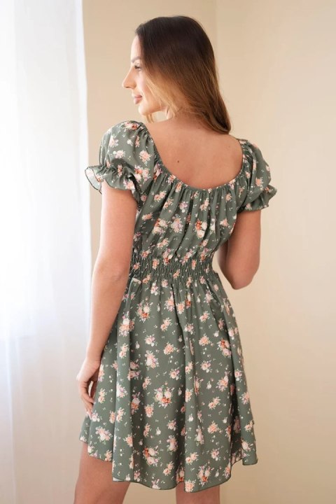 Sukienka damska w kwiaty z bufiastym rękawem i elastyczną talią khaki