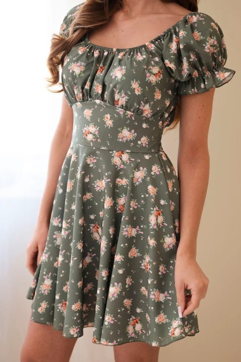 Sukienka damska w kwiaty z bufiastym rękawem i elastyczną talią khaki