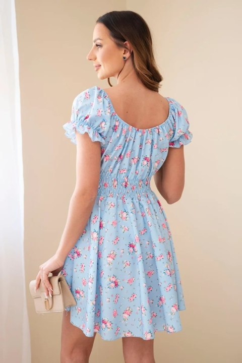 Sukienka damska w kwiaty z bufiastym rękawem i elastyczną talią niebieska