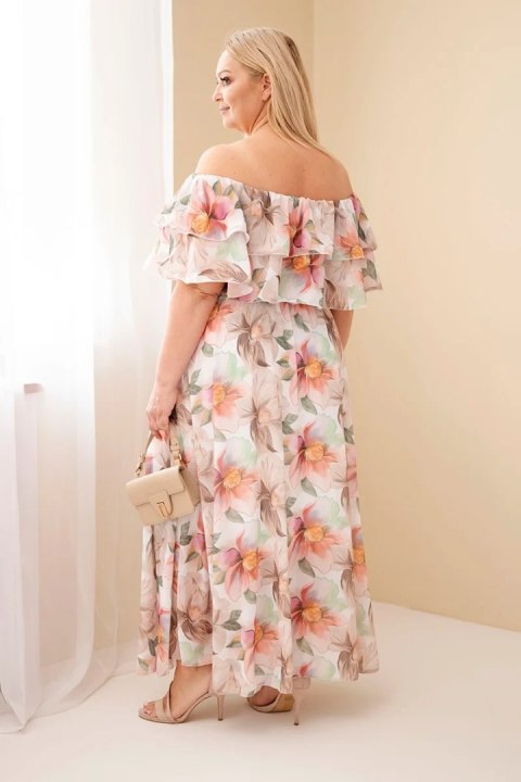 Sukienka damska wiskozowa Plus Size z falbaną hiszpanka i elastyczną talią maxi beżowa