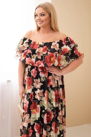 Sukienka damska wiskozowa Plus Size z falbaną hiszpanka i elastyczną talią maxi czarna