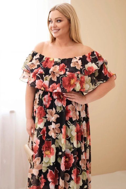 Sukienka damska wiskozowa Plus Size z falbaną hiszpanka i elastyczną talią maxi czarna