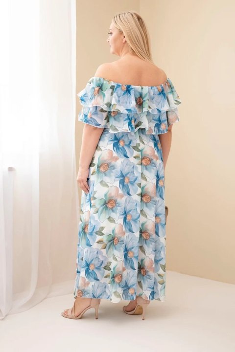 Sukienka damska wiskozowa Plus Size z falbaną hiszpanka i elastyczną talią maxi niebieska