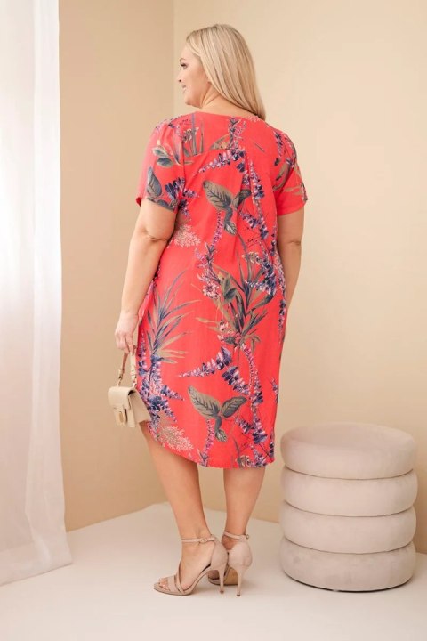 Sukienka damska wiskozowa Plus Size z krótkim rękawem i dekoltem na guziki malinowa