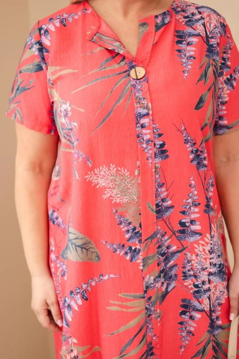 Sukienka damska wiskozowa Plus Size z krótkim rękawem i dekoltem na guziki malinowa