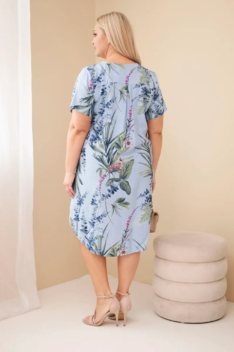 Sukienka damska wiskozowa Plus Size z krótkim rękawem i dekoltem na guziki niebieska