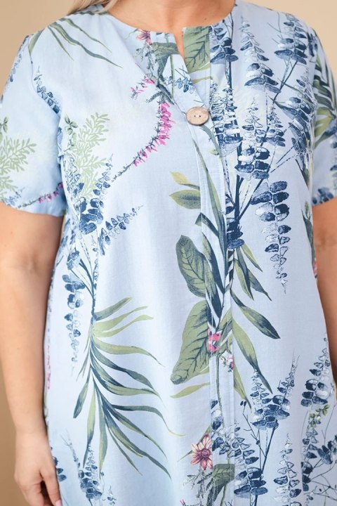 Sukienka damska wiskozowa Plus Size z krótkim rękawem i dekoltem na guziki niebieska
