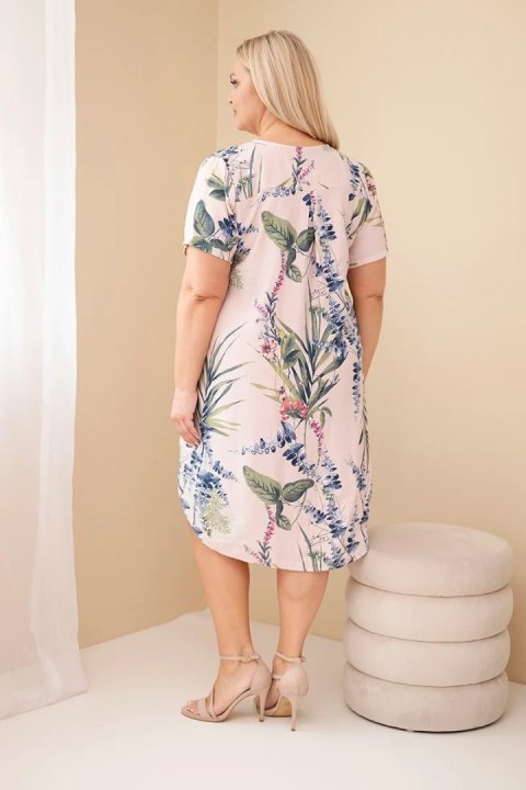 Sukienka damska wiskozowa Plus Size z krótkim rękawem i dekoltem na guziki pudrowy róż