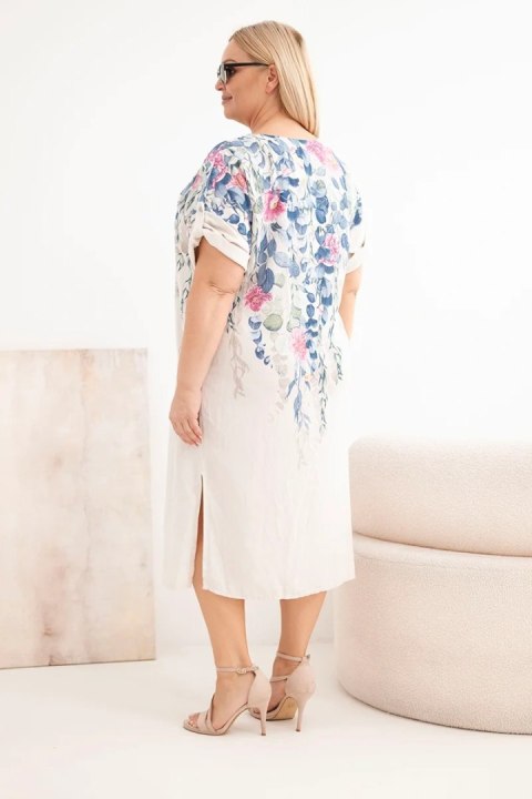 Sukienka damska wiskozowa Plus Size z krótkim rękawem i rozcięciami po bokach beżowa