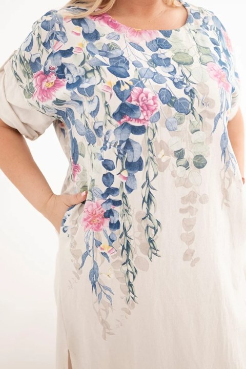 Sukienka damska wiskozowa Plus Size z krótkim rękawem i rozcięciami po bokach beżowa