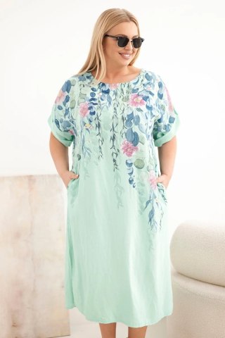 Sukienka damska wiskozowa Plus Size z krótkim rękawem i rozcięciami po bokach miętowa