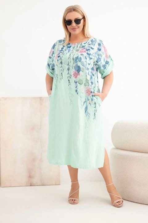 Sukienka damska wiskozowa Plus Size z krótkim rękawem i rozcięciami po bokach miętowa