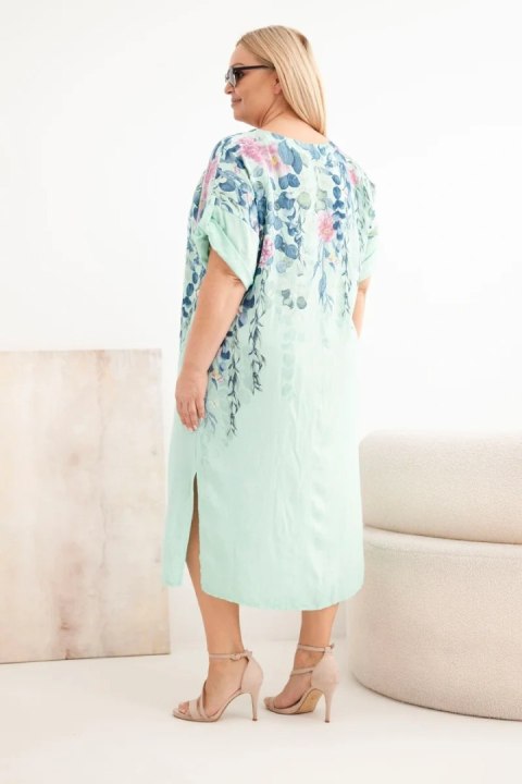 Sukienka damska wiskozowa Plus Size z krótkim rękawem i rozcięciami po bokach miętowa