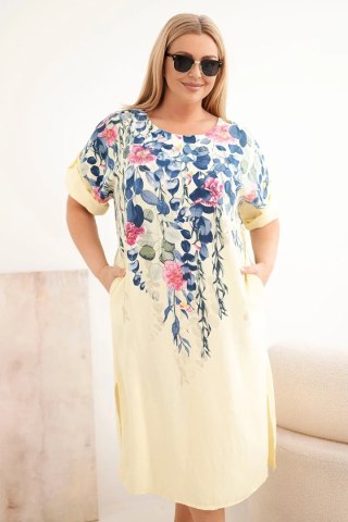 Sukienka damska wiskozowa Plus Size z krótkim rękawem i rozcięciami po bokach żółta