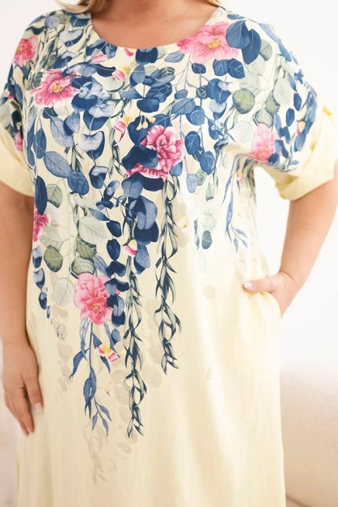 Sukienka damska wiskozowa Plus Size z krótkim rękawem i rozcięciami po bokach żółta