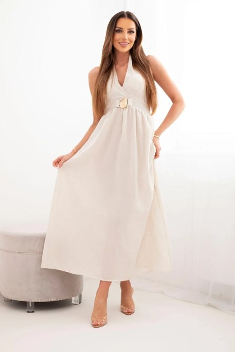 Sukienka damska wiskozowa maxi wiązana na szyi z ozdobną klamrą beżowa