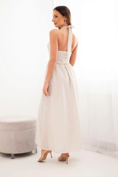 Sukienka damska wiskozowa maxi wiązana na szyi z ozdobną klamrą beżowa