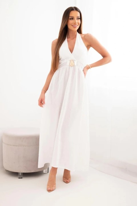 Sukienka damska wiskozowa maxi wiązana na szyi z ozdobną klamrą ecru