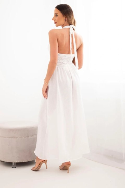 Sukienka damska wiskozowa maxi wiązana na szyi z ozdobną klamrą ecru