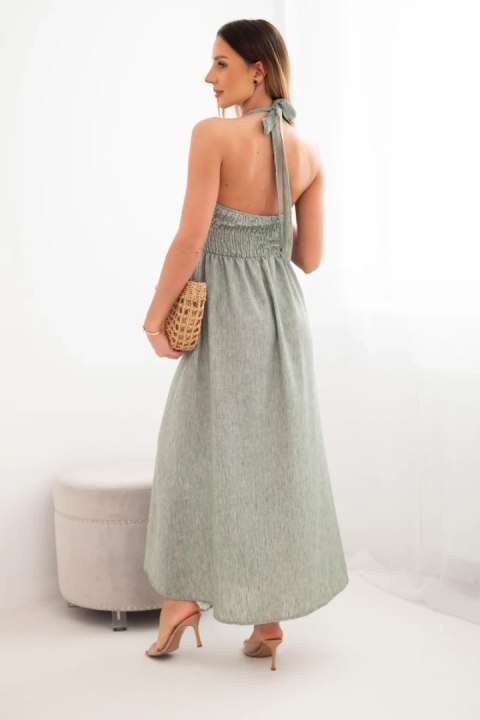 Sukienka damska wiskozowa maxi wiązana na szyi z ozdobną klamrą khaki