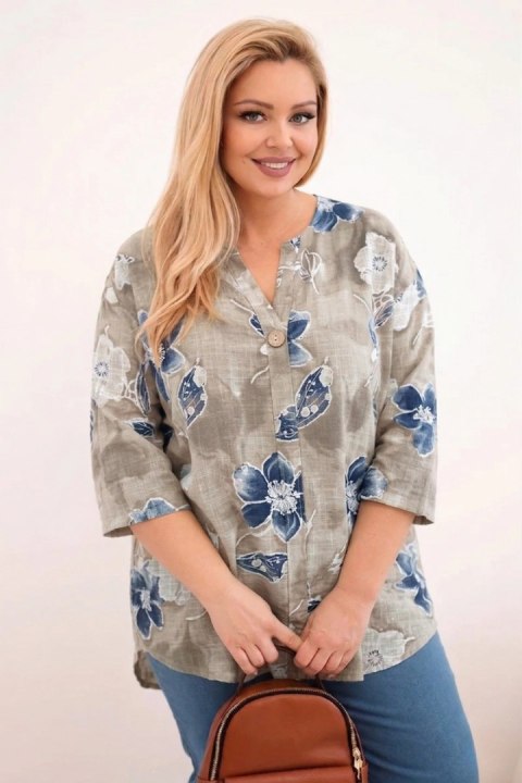 Bluzka damska bawełniana Plus Size w kwiatowy wzór beżowa